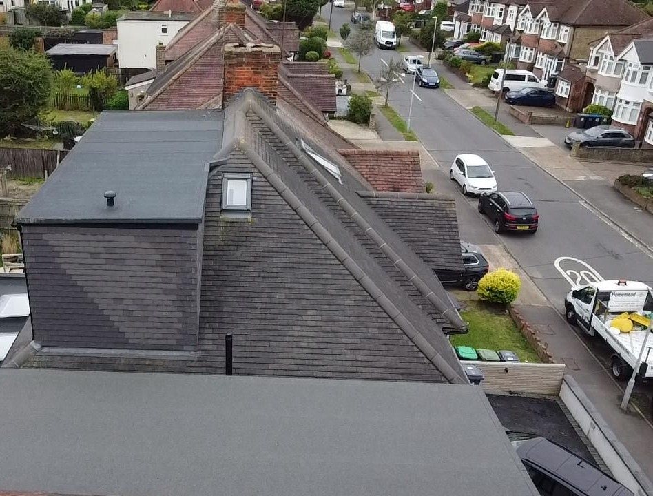 Aerial view of the completed dormer and extension roof