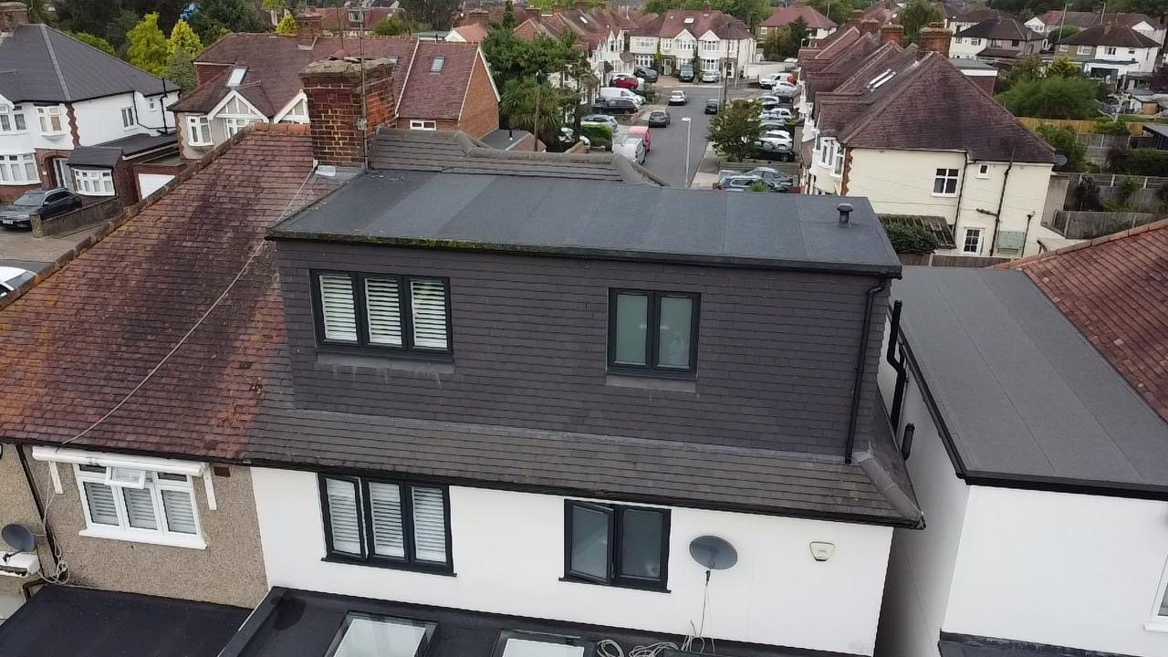 The dormer from above, with the street beyond