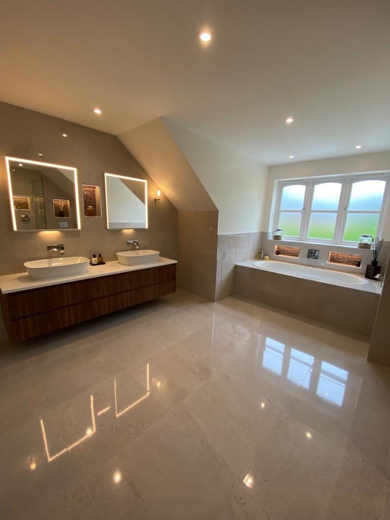 Master bathroom with walnut double vanity, Cobham